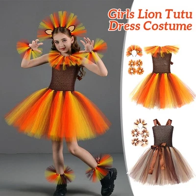 Girls Lion Costume Tulle Tutu Dress with Headband Halloween Cosplay Outfits - Image 1 of 4