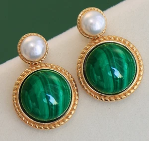Malachite earrings with natural  white pearl studs - Picture 1 of 7