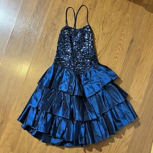 Vintage Flirtations 80s Alfred Angelo Sequin Blue Ruffle Taffeta Dress Girls 3/4 - Picture 1 of 13