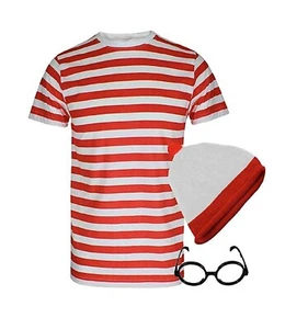 Red And White Striped T-shirt Party Set World Book Week Wally Hat Glasses Adult - Picture 1 of 9