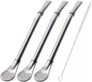 Bombilla Yerba Mate Straws, 3 Pack Reusable Colorful Tea 4 Piece Set, Silver - Picture 1 of 8