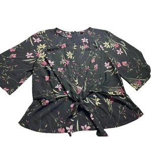Vince Camuto Damen L schwarz mittelarm geblümt Blume vorne zum Binden Bluse Top Shirt - Bild 1 von 8