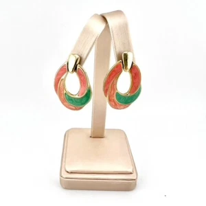 Vintage Retro 1980/90's Enamel Pink & Green Earrings for Pierced Ears. Gold Tone - Foto 1 di 4