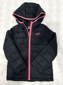 Girls Black Puma puffer jacket with pink accents ( Size 6 ) Only Worn Twice - Picture 1 of 3