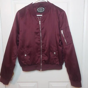 Ambiance Maroon Red Bomber Flight Jacket Retro Full Zip Sporty Puffer Size L - Picture 1 of 14