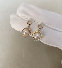 7.3mm Japanese Ivory White Akoya Pearl Earrings, Perfect Sphere, Geometric S925