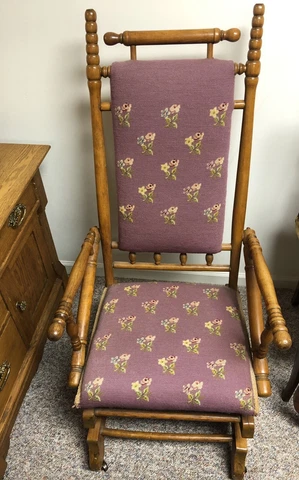 Antique Victorian Turned Platform Rocker Mauve Floral Needlepoint Spring Bottom Cover