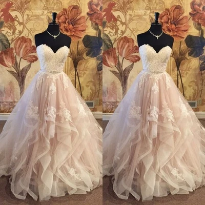 Gorgeous Wedding Dresses Sweetheart Ruffles Lace Appliques A Line Bridal Gowns - Image 1 of 4