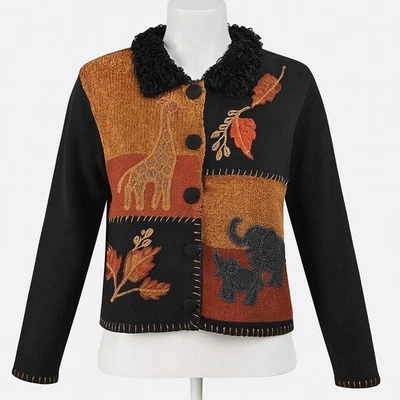 Victoria Harbour Cardigan 毛衣女式 M 黑色棕色长颈鹿大象野生动物园 — 第 1/4 张图片