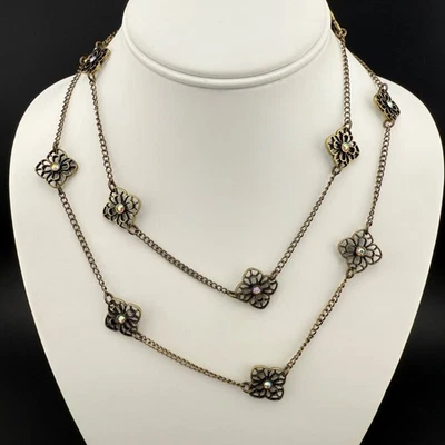 Premier Designs Long Strand Flower Necklace With Crystal Accents Brass And Gold - Image 1 of 4
