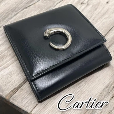 Auténtico estuche para monedas Cartier Panthère cuero negro plata herrajes compacto Foto 1 de 4