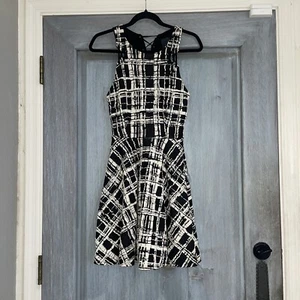 Anthropologie Maeve Textured Plaid Lace Up Knee Length Dress Size XS Black White - Picture 1 of 11