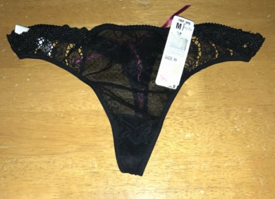 全新 FELINA 内衣 196P 蕾丝和粉红色丝带口音丁字裤内裤 M 黑色 全新带标签 — 第 1/3 张图片
