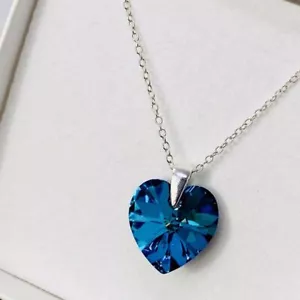 925 Silver Heart Necklace Pendant Blue Gift Box Made With Austrian Crystals - Picture 1 of 12