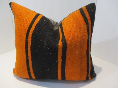 Vintage Kilim Fabric, Pillow Cover, Orange & Black, Linen Back, New, 16"x14". - Image 1 of 4