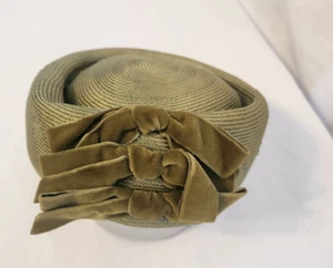 Mid Century Woven Green Pillbox Satin Bow Hat Womens - Picture 1 of 6