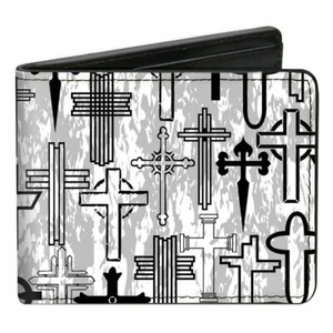 Men's Wallet Bi-Fold Black Billfold Vegan Leather Money Holder Crosses - Picture 1 of 5