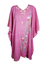 Pink Floral Kaftan Kimono Style V-Neck Resort wear Cotton Tunic Dress One Size