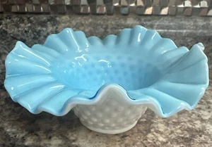 Kanawha Bowl Blue and White Cased Glass Hobnail Pattern Flattened Rim - Picture 1 of 5