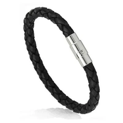 BLACK FAUX LEATHER BRACELET w MAGNETIC METAL CLASP Braided Surfer Cord Men Women - Image 1 of 4
