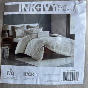 INK+IVY 3 Piece 100% Cotton Duvet Cover Set Queen Ivory Taupe Chenille Tufted - Picture 1 of 4