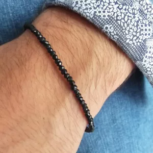 Bracciale da Uomo in Argento 925 Braccialetto Pietre Dure Palline Spinello Nero - Foto 1 di 11