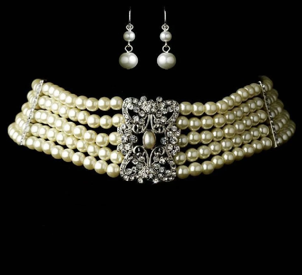 Elegantes Perlen Set Hochzeit Braut Schmuckset Collier Kette Ohrstecker Ohrringe - Bild 1 von 1