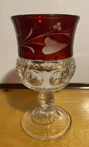 Antique EAPG King's Crown Thumbprint Ruby Berry Leaf Etched Goblet 5.75" T - Picture 1 of 10