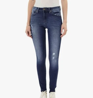 Pantalones de mezclilla ajustados al tobillo desgastados lavado oscuro Kancan estilo KC60340 talla 1/24 Foto 1 de 4