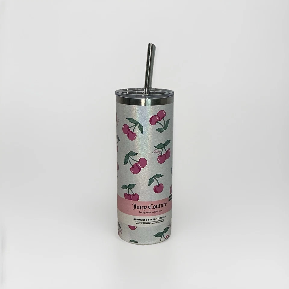 Vaso holográfico de acero inoxidable con pajita Juicy Couture 24 oz cereza Foto 1 de 4