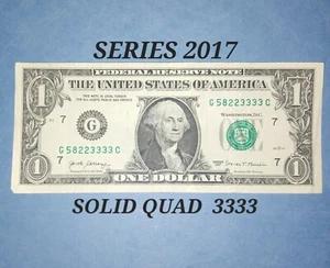 Fancy Serial Number One Dollar Bill Solid Quad 3's Federal Reserve Note - Picture 1 of 2