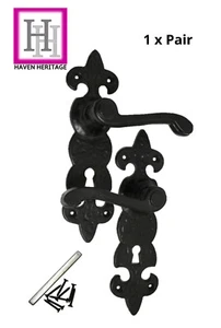 FLEUR-DE-LYS BLACK ANTIQUE DOOR HANDLE LEVER LOCK ORNATE CAST IRON + FIXINGS - Picture 1 of 21