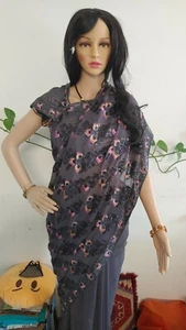 Indian Saree, Dark/Gray, Sequinned, Silk Embroidered, Wedding/festive occasion - Picture 1 of 8