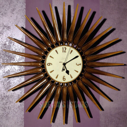 RELOJ DE PARED SYROCO SUNBURST de colección danés MCM mediados de siglo moderno nórdico atómico