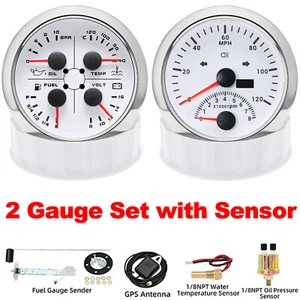 2 Gauge Set 85mm White GPS Speedometer 120MPH Tacho/Fuel/Oil/Temp/Volt W/Sensor - Picture 1 of 18