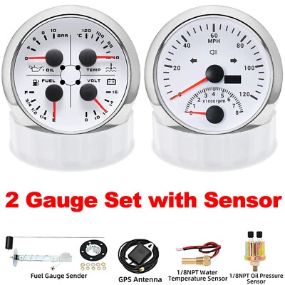2 Gauge Set 85mm White GPS Speedometer 120MPH Tacho/Fuel/Oil/Temp/Volt W/Sensor  - Image 1 of 4