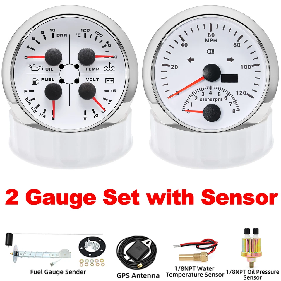2 Gauge Set 85mm White GPS Speedometer 200MPH W/Tacho/Fuel/Temp/Oil/Volt Gauge  - Image 1 of 4