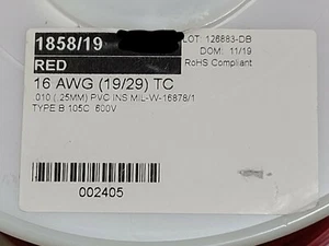 Alpha Wire 1858/19 #16awg Tinned Copper Hook Up Wire MIL-W-16878E/1 Red /100ft - Picture 1 of 3