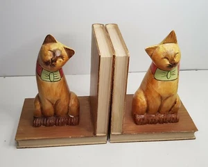VINTAGE CHILDREN'S PAIR OF LARGE WOODEN HAND-CARVED WOOD CAT BOOKENDS 22cm TALL - Picture 1 of 12