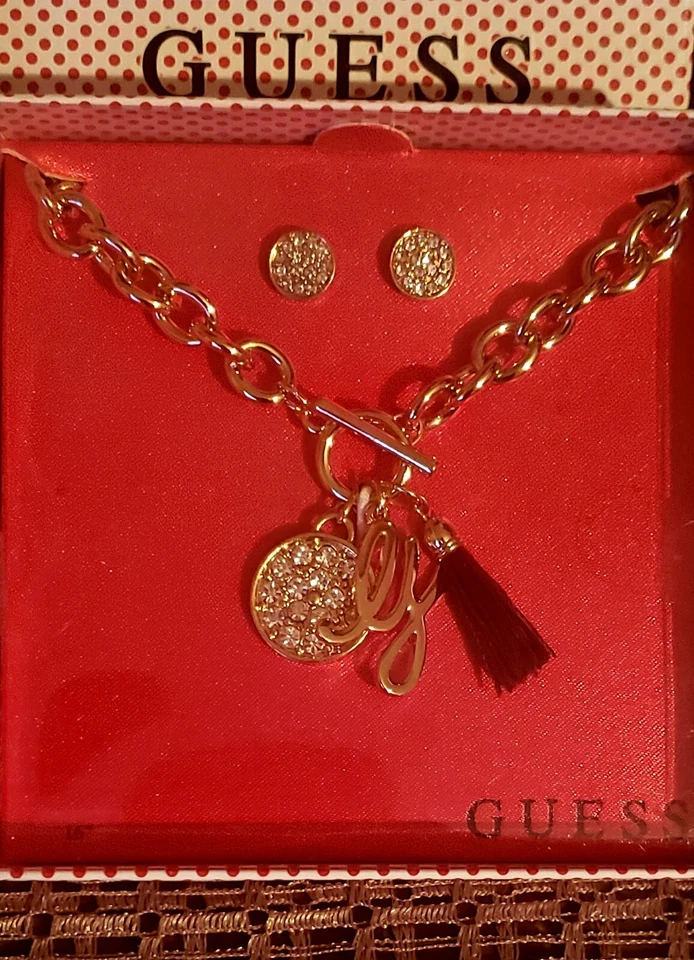 GUESS CRISTAL TONO ORO ROSA, CORAZÓN DE DIAMANTES DE IMITACIÓN + BORLA ENCANTO COLLAR PALANCA + OREJA Foto 1 de 1