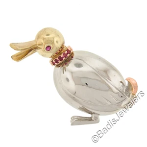 Retro Solid 14K Tri Gold 3D Duck Bird Pin Brooch w/ 0.20ctw Round Brilliant Ruby - Picture 1 of 6