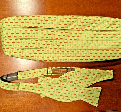 Peter Blair 100%Silk Cummerbund & Bow Tie Set BartenderCorkscrew Green Wine Love - Image 1 of 4