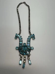 Vintage Retro 1950’s Joseph Wiesner NY Aqua Rhinestone Silver Tone Bib Necklace - Picture 1 of 10