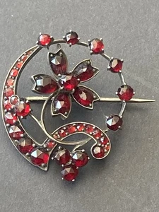Antique Garnet Brooch Victorian Era pin 1890s Bohemian Flower Silver Fine Estate - Picture 1 of 23