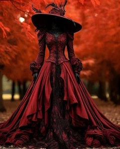 Vestido de Noche Victoriano Negro Rojo Manga Larga Vampiro Gótico Corsé Vestido - Imagen 1 de 7