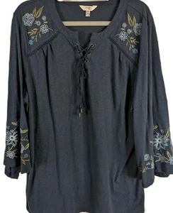 Terra & Sky Womens Plus 1X Blue Boho Embroidered 3/4 Sleeve Knit Lace Up Top  - Picture 1 of 5