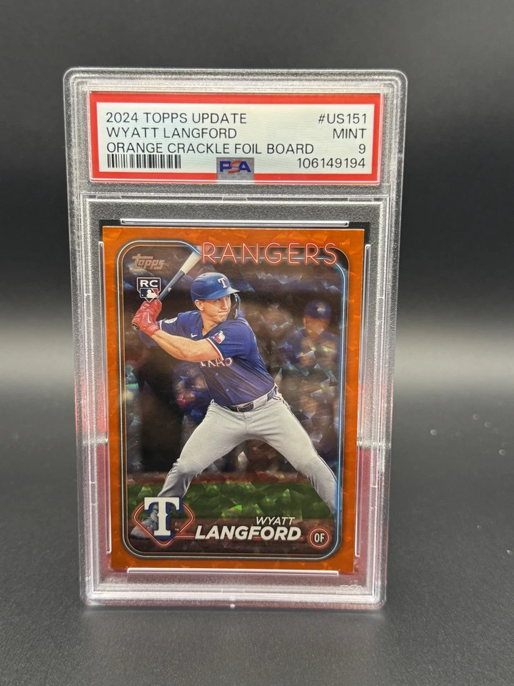 2024 Topps Update Wyatt Langford RC Orange Crackle Foil /299 Rangers PSA 9 - Image 1 of 2