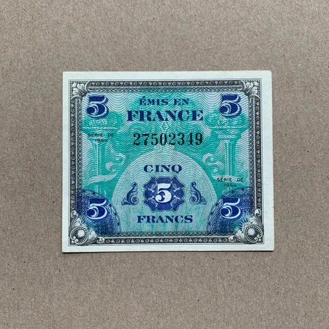 WW2 French 5 Franc 1944 (Allied Occupation Currency) France Banknote WWII Cover