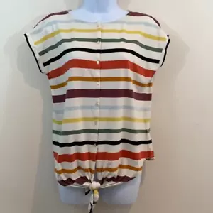Chaps Women's Striped Rainbow Short Sleeve Button Up Tie Boho Tee Blouse Size S - Picture 1 of 8