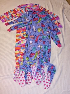 Neon Camouflage & Lavender Cats Fleece Footed Pajamas Girls Medium 4 pack - Picture 1 of 9